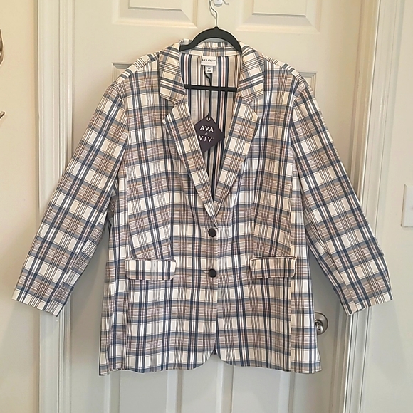 Blazer- Women’s plus size blazer with front pockets Blue/Cream Plaid - Picture 2 of 8